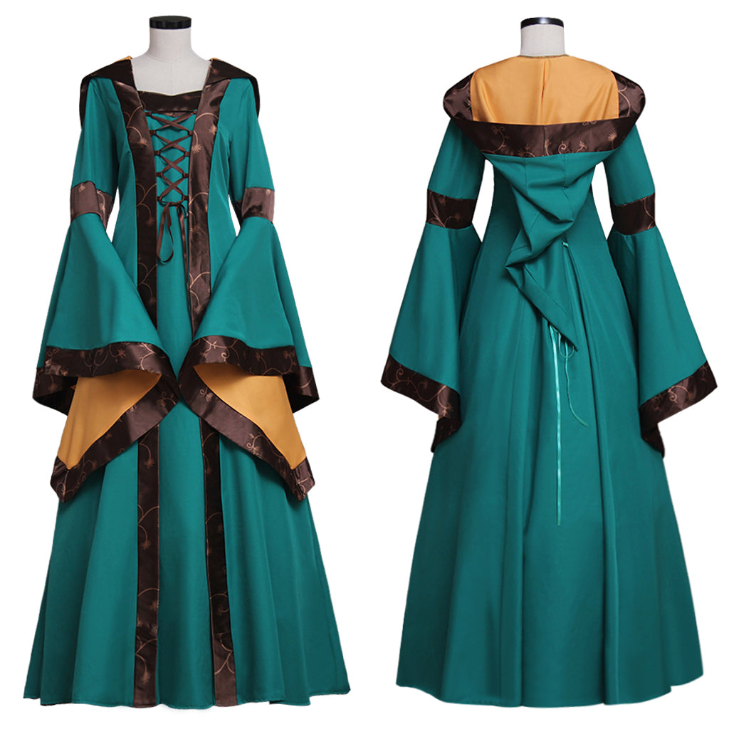 Medieval Vintage Regency Dress Square Neck Teal Brown Gown With Brown Trim Long Flared Sleeve Renaissance Cosplay Costume Adult Ladies Halloween Christmas Dress