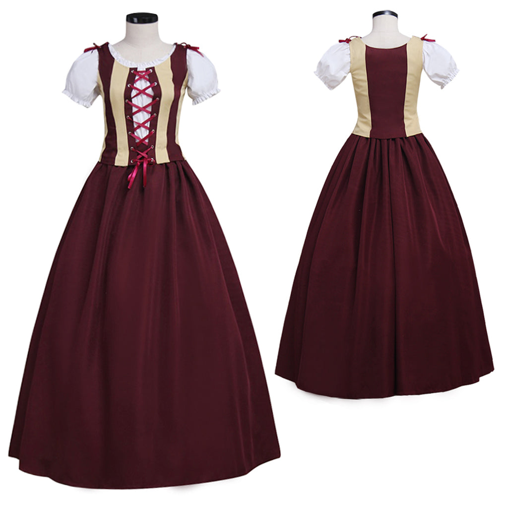 Medieval Renaissance Cosplay Costume Short Sleeve Corset Style Burgundy Gown Adult Ladies Halloween Renaissance Festival Dress