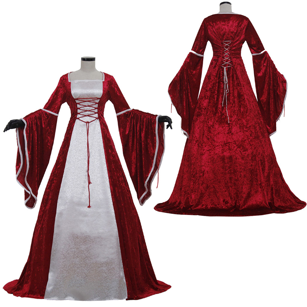 Medieval Renaissance Cosplay Costume Long Flared Sleeve Corset Style Red Silver Gown Adult Ladies Halloween Renaissance Festival Dress