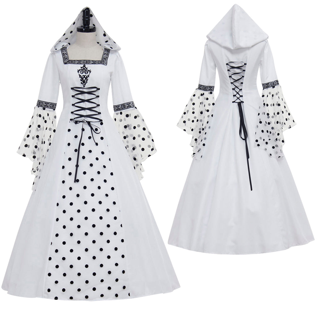 Medieval Women Victorian Renaissance Cosplay Costume Gothic Steampunk Hooded Square Neck Polka Dot Flared Sleeve Corset Style White Black Gown Adult Ladies Halloween Christmas Dress