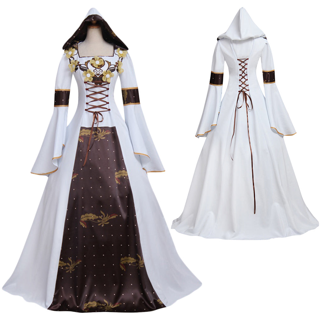 Medieval Women Victorian Renaissance Cosplay Costume Gothic Steampunk Square Neck Flared Sleeve Corset Style Patterned Brown White Gown Adult Ladies Halloween Christmas Dress