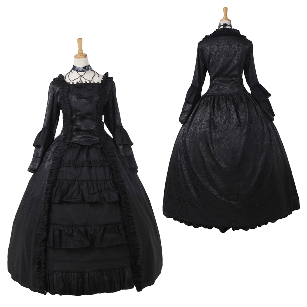 Medieval Women Gothic Victorian Renaissance Cosplay Costume Ruffled Long Sleeve Square Neck Black Gown Adult Ladies Halloween Christmas Dress