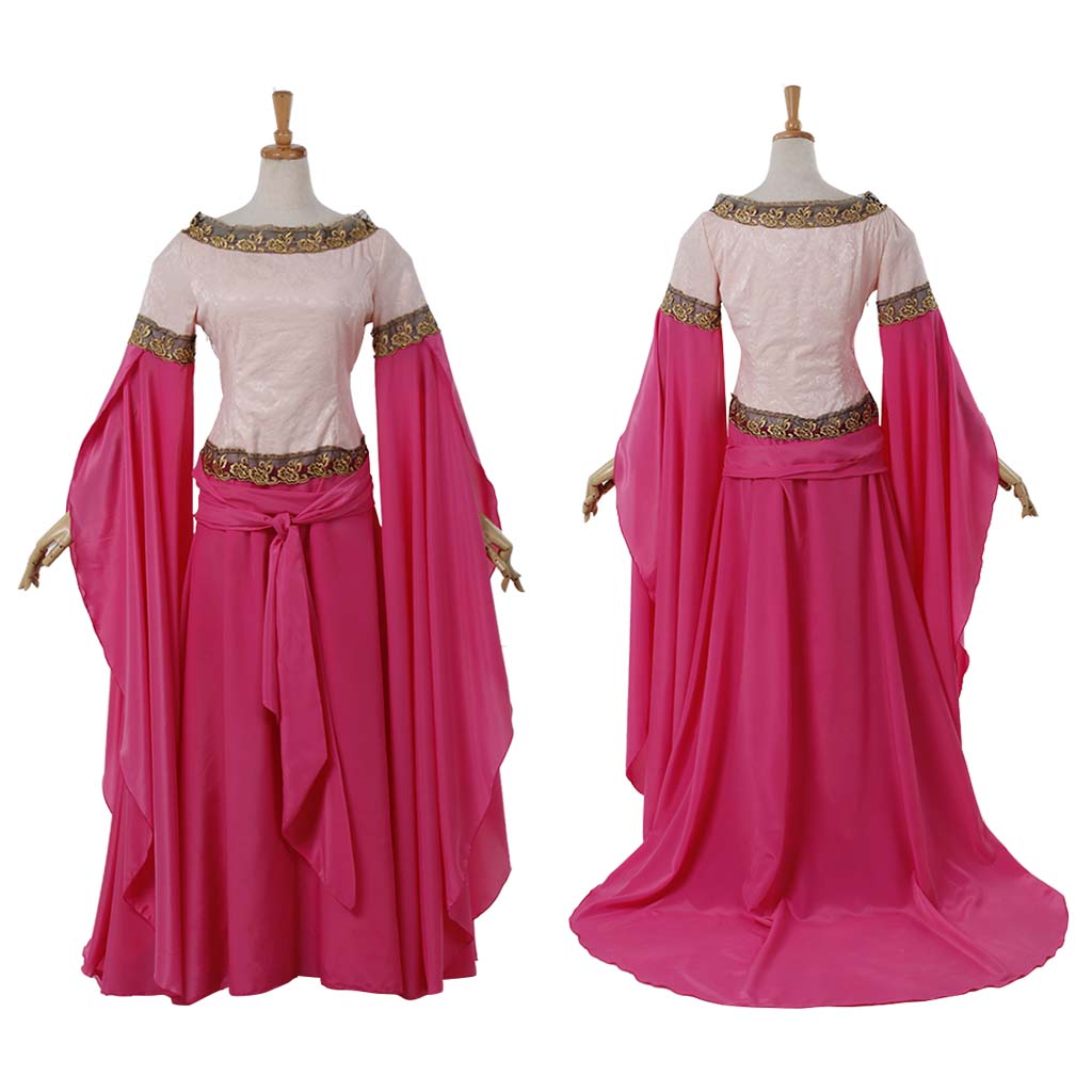 Medieval Women Renaissance Victorian Cosplay Costume Flared Long Sleeve Embroidered Waist Pink Top and Long Skirt Set Adult Ladies Halloween Christmas Dress