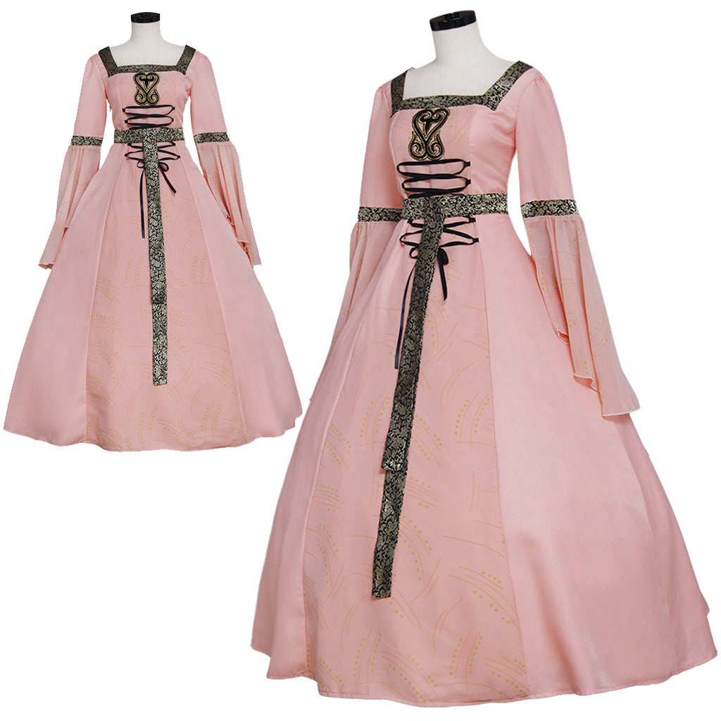 Medieval Women Renaissance Victorian Cosplay Costume Long Sleeve Embroidered Tie Waist Pink Gown Adult Ladies Halloween Christmas Dress