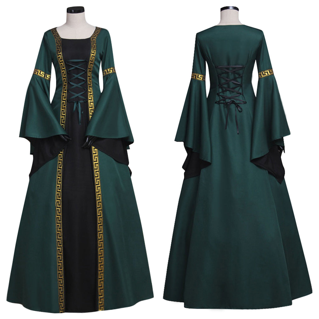 Medieval Women Renaissance Victorian Cosplay Costume Flared Long Sleeve Gold Trimmed Tie Waist Dark Green Black Gown Adult Ladies Halloween Christmas Dress