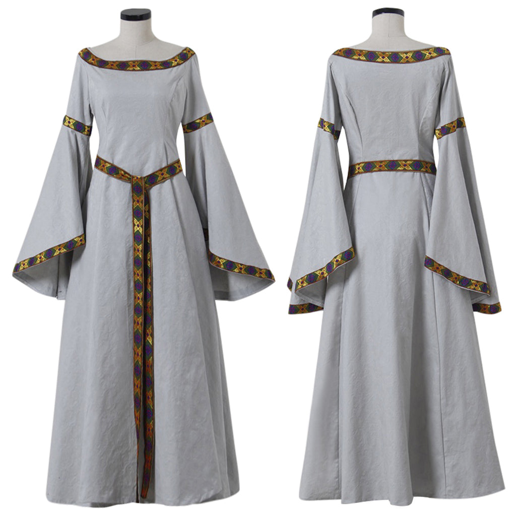 Medieval Women Renaissance Victorian Cosplay Costume Flared Long Sleeve Gold and Brown Trimmed Tie Waist Light Gray Gown Adult Ladies Halloween Christmas Dress