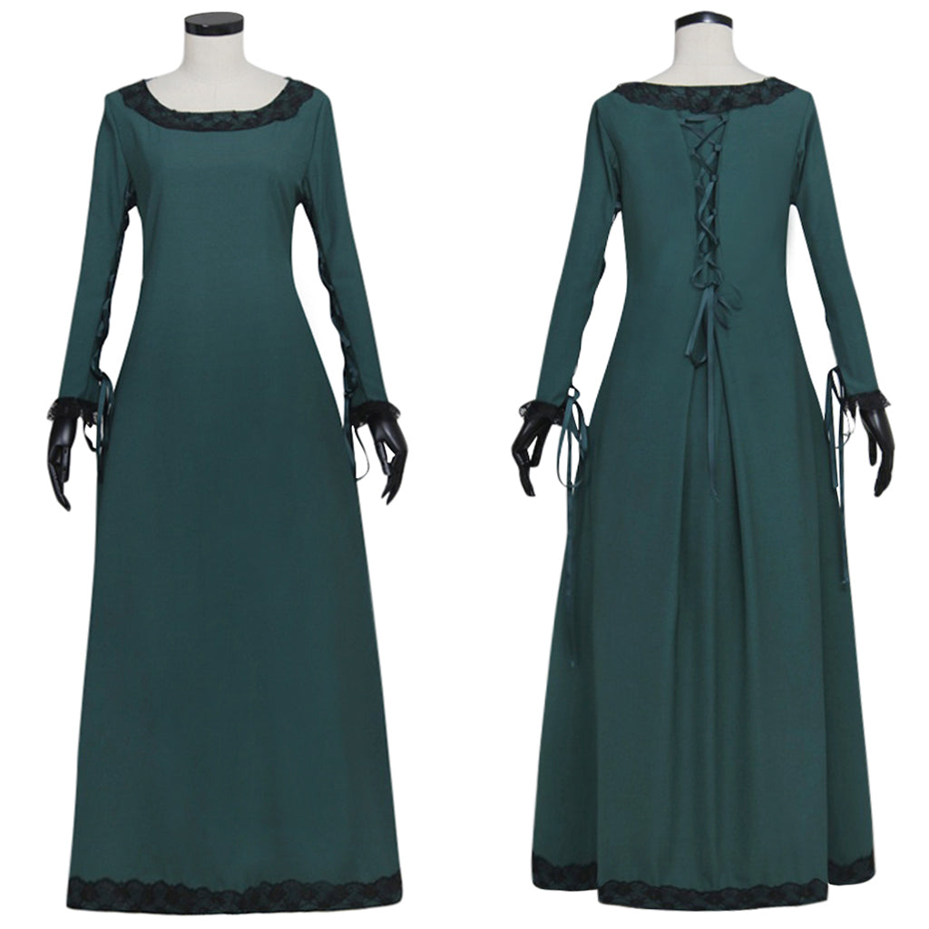 Medieval Women Renaissance Victorian Cosplay Costume Long Sleeve Black Trimmed Teal Gown Adult Ladies Halloween Christmas Dress