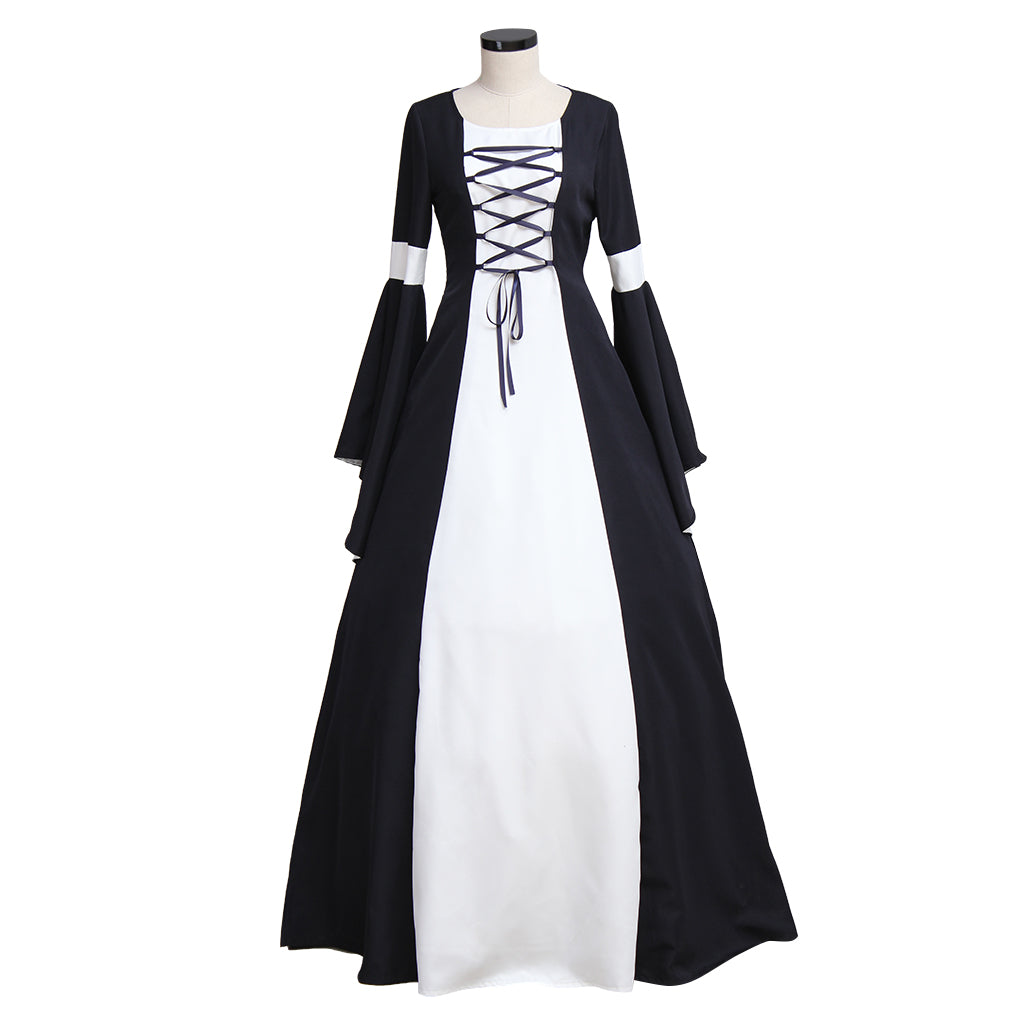 Medieval Women Renaissance Victorian Cosplay Costume Flared Long Sleeve White Trimmed Color Block Black White Lace Up Gown Adult Ladies Halloween Christmas Dress