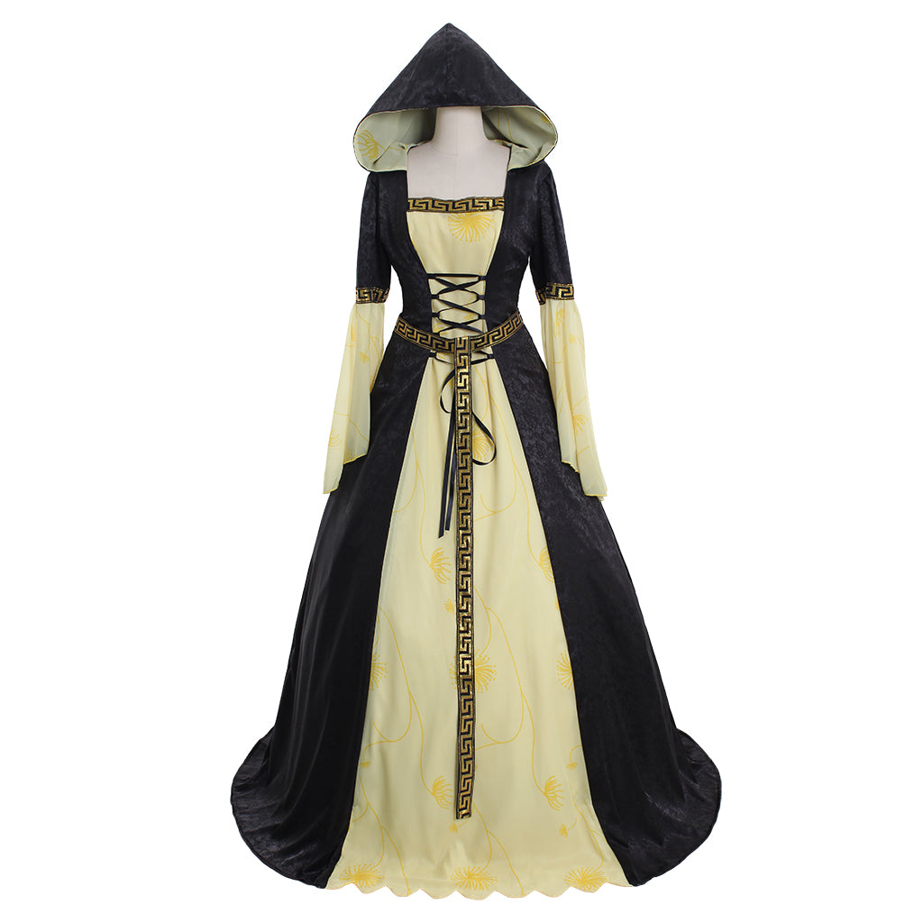 Medieval Women Renaissance Black And Yellow Cosplay Costume Adult Vintage Court Hooded Lace Up Long Sleeve Square Neck Maxi Dress