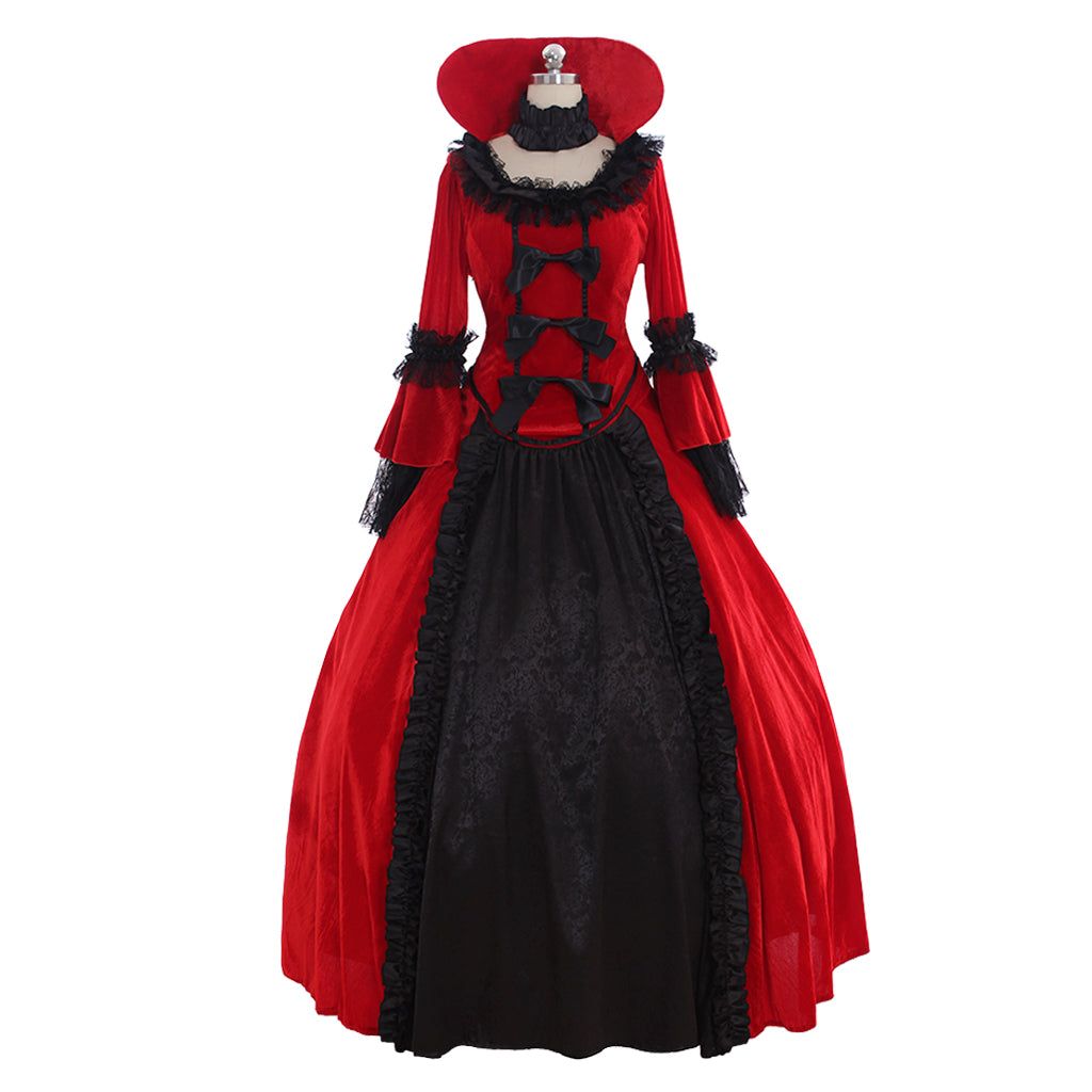 Medieval Women Renaissance Red And Black Cosplay Costume Adult Vintage Court Lace Up Bonneted Ruffled Sleeve Square Neck Maxi Dress Ladies Halloween Christmas