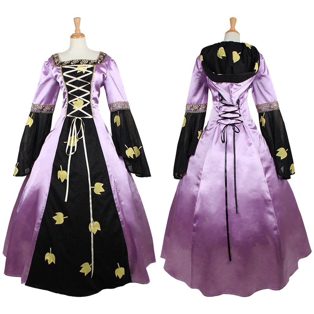 Medieval Women Renaissance Purple & Black Cosplay Costume Adult Ancient Gown With Lace Up Floral Details Gothic Ladies Halloween Christmas Dress