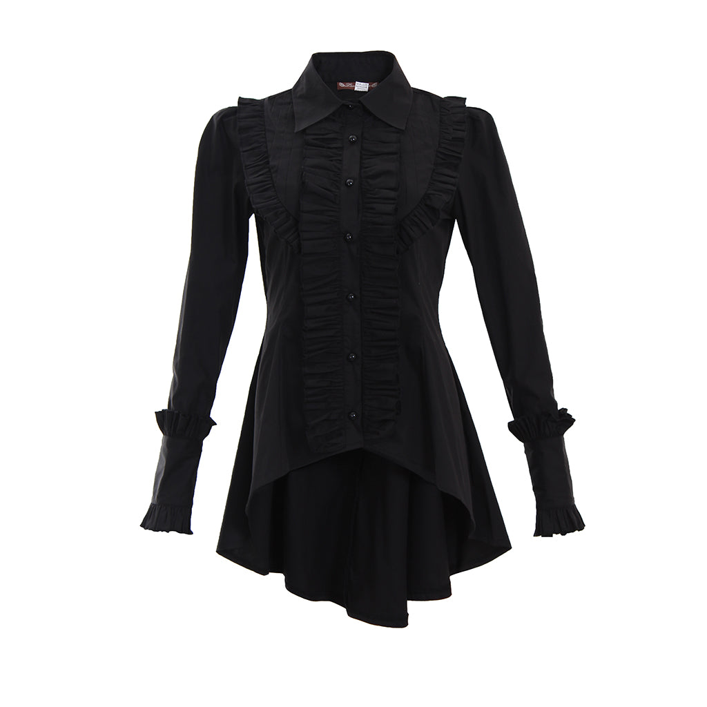 Medieval Gothic Women Black Ruffled Collared Long Sleeve Asymmetrical Hem Tunic Top Cosplay Costume