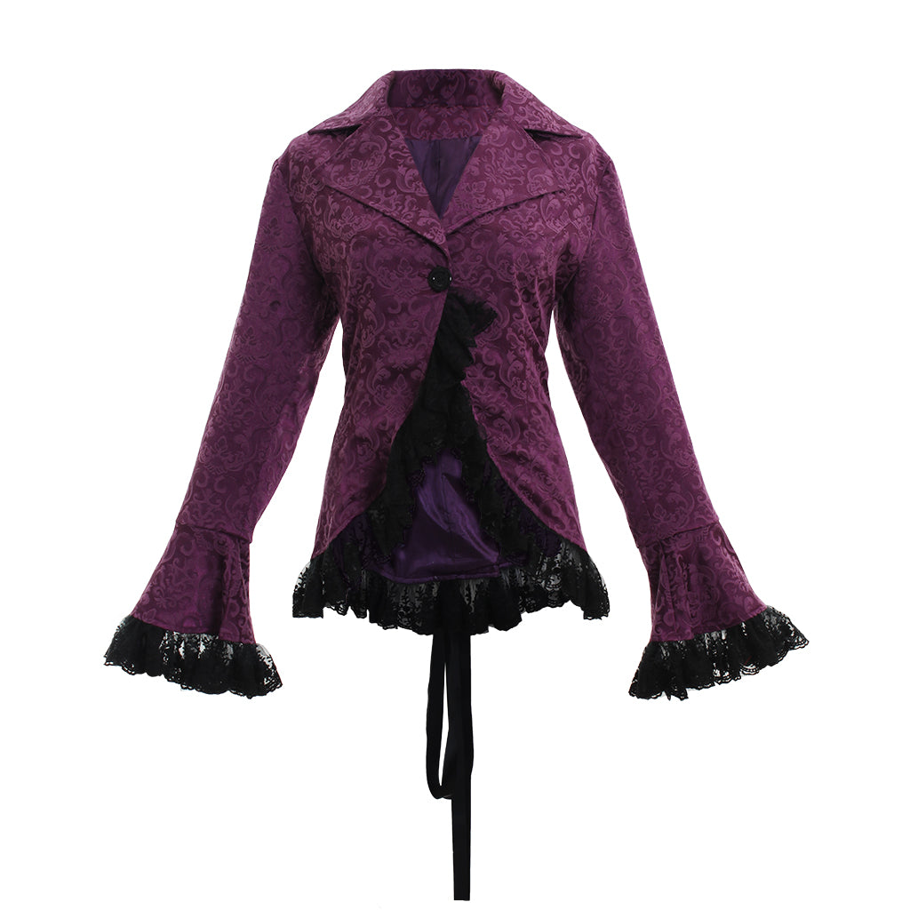 Medieval Gothic Purple Brocade Jacket Flared Sleeves with Black Lace Trim Renaissance Vintage Cosplay Costume Coat