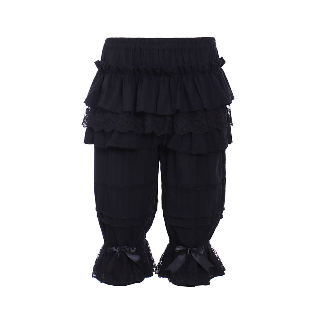 Medieval Gothic Black Lolita Ruffled Bloomers with Multi Layered Lace Trim and Bow-Accented Cuffs