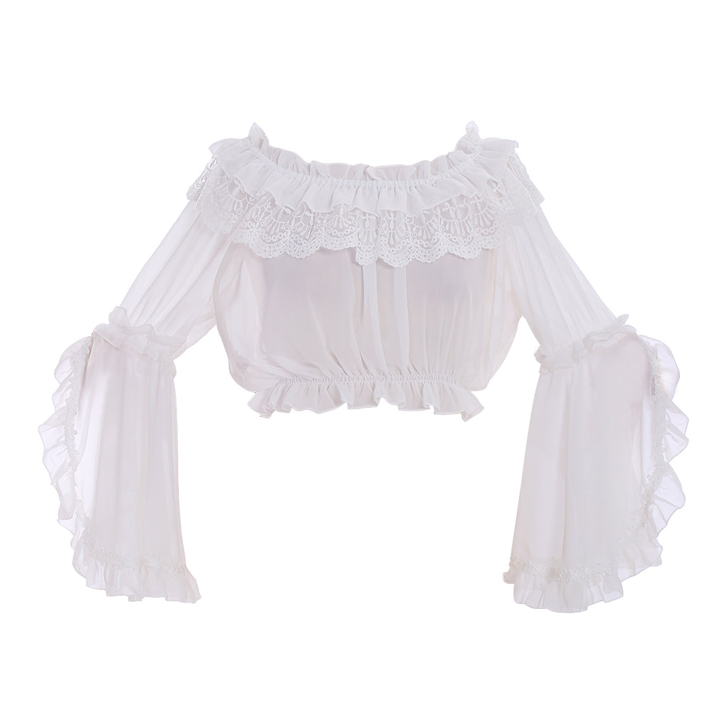 Medieval Gothic White Off-Shoulder Chiffon Crop Top with Lace Ruffled Neckline and Bell Sleeves