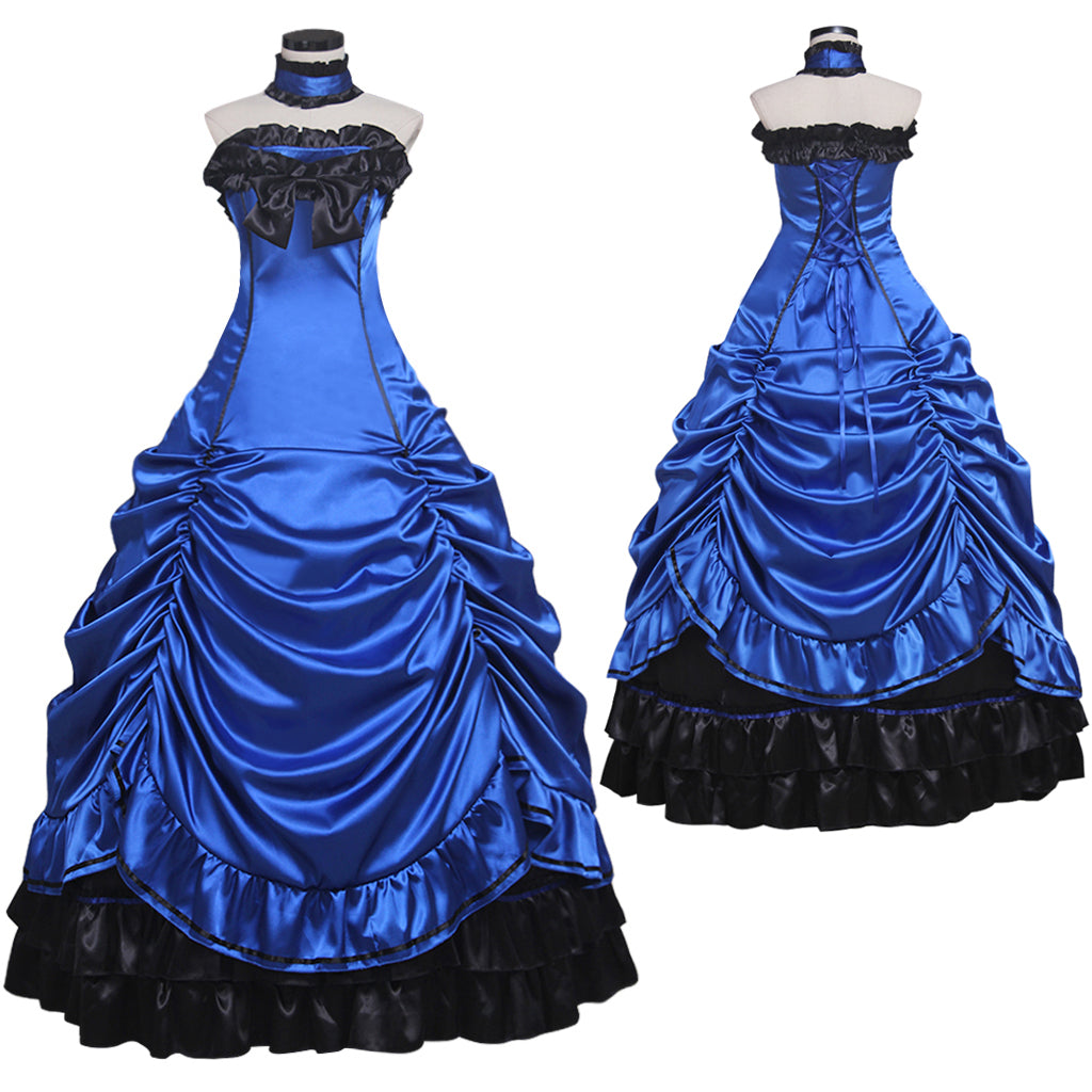 Victorian Gothic Women's Blue and Black Cosplay Dress with Strapless Neck Lace Up Back Sleeveless and Ruffled Hem Trim Gothic Ladies Halloween Party Outerwear