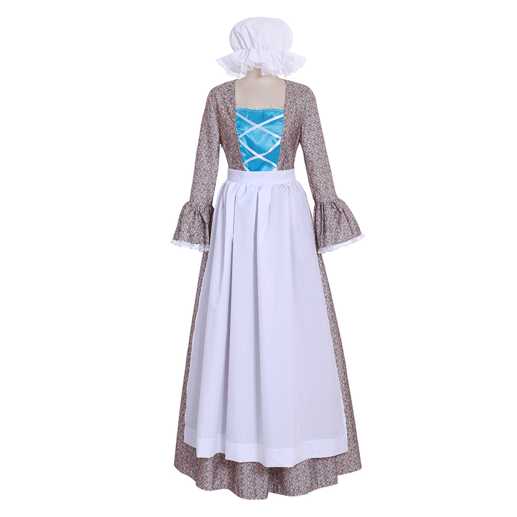 Medieval Renaissance Women's Blue and White Cosplay Dress with Square Neck, Puff Sleeves, Contrast Bodice and Apron Style Skirt Gothic Ladies Halloween Party Outerwear