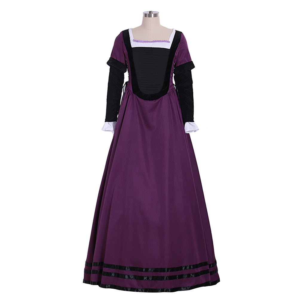 Medieval Renaissance Women's Purple and Black Cosplay Dress with Square Neck, Long Sleeves, Contrast Bodice Gothic Ladies Halloween Party Outerwear