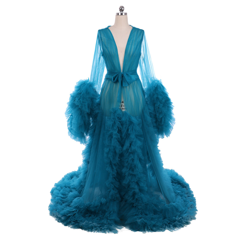Medieval Tulle Robe Puffy Bridal Lingerie Bathgown Sheer Maternity Photoshoot Sexy Illusion Long Robe Nightgown Teal Regency Retro Renaissance Dress Women Cosplay Outfit Adult Ladies Halloween Dress