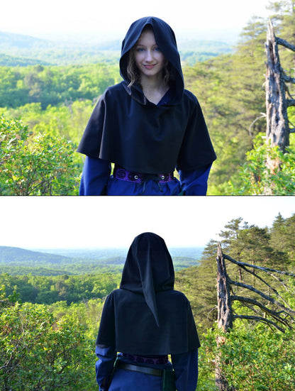 Medieval Gothic Black Hooded Short Cloak Cropped Cape for Cosplay  Halloween Costumes
