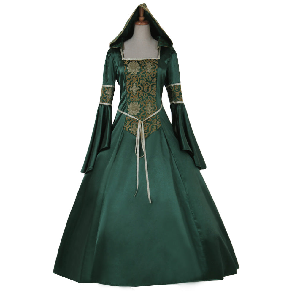 Medieval Women Renaissance Victorian Cosplay Costume Hooded Long Sleeve Lace Embroidered Tie Waist Green Gown Adult Ladies Halloween Christmas Dress