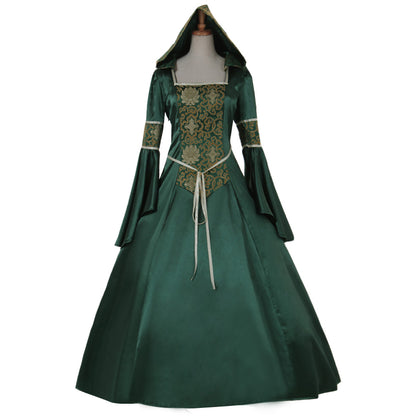 Medieval Women Renaissance Victorian Cosplay Costume Hooded Long Sleeve Lace Embroidered Tie Waist Green Gown Adult Ladies Halloween Christmas Dress