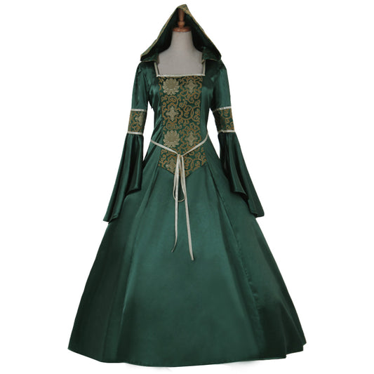 Medieval Women Renaissance Victorian Cosplay Costume Hooded Long Sleeve Lace Embroidered Tie Waist Green Gown Adult Ladies Halloween Christmas Dress