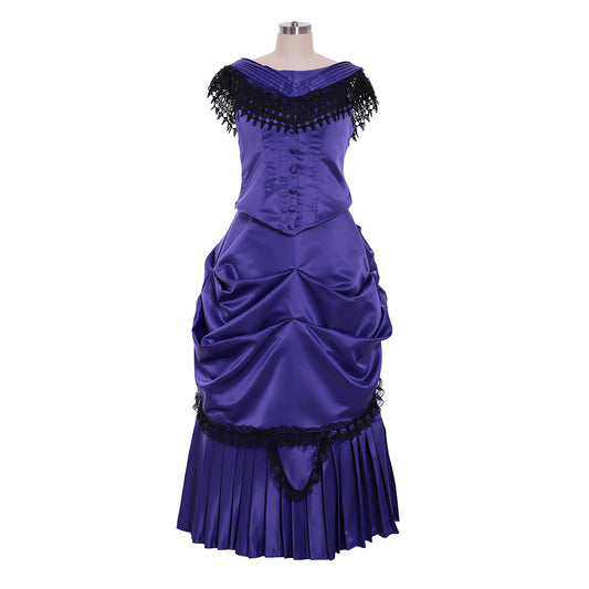 Victorian Gothic Vintage Inspired Dress Party Costume Prom Outfit Princess Shakespeare Purple Satin Black Fringed Trim Solid Color Ball Gown Women's Halloween Carnival Valentine's Day Party Evening Party Masquerade Adults' Dress All