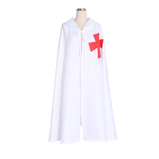 Medieval-Inspired Black Hooded Cloak with White Cross Emblem and Drawstring Closure