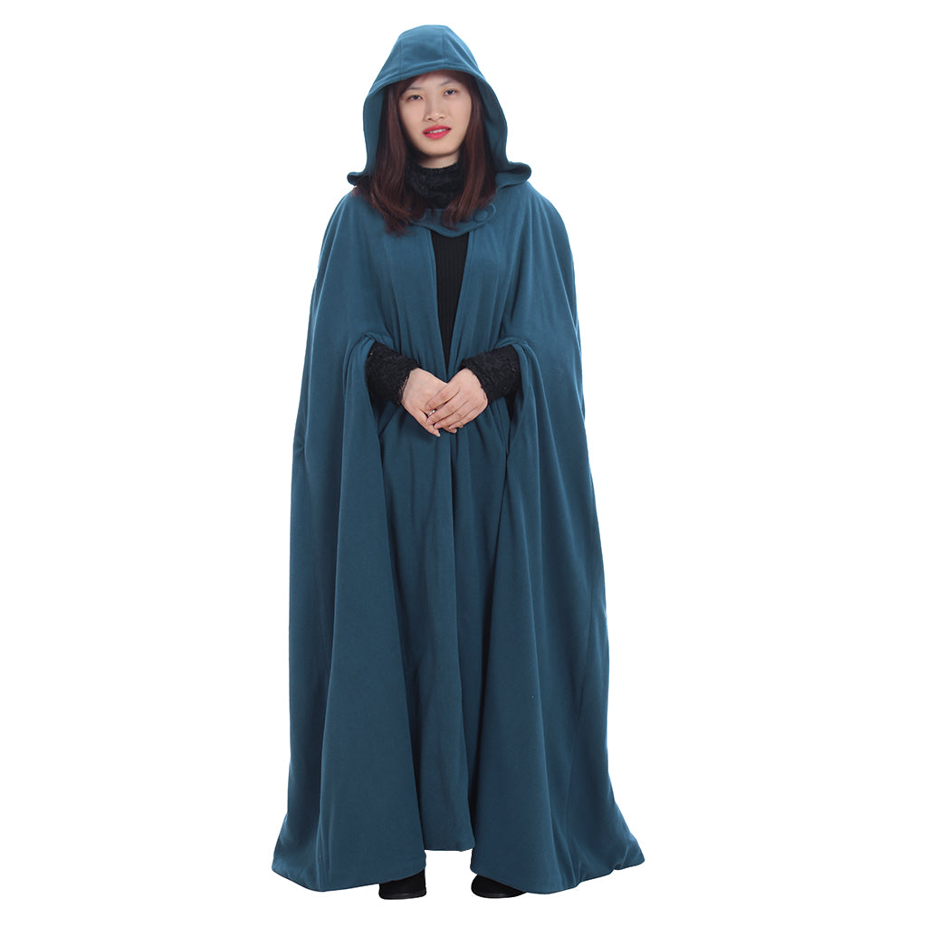 Medieval-Inspired Teal Hooded Full-Length Cloak with Button Closure Gothic Ladies Halloween Party Outerwear