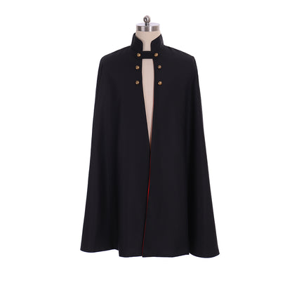 Medieval Gothic Black Cloak with Red Lining, Stand-Up Collar  Gold Buttons Cosplay Costume
