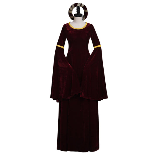Medieval Vintage Regency Dress Round Neck Burgundy Velvet Gown With Gold Trim Long Flared Sleeve Renaissance Cosplay Costume Adult Ladies Halloween Christmas Dress