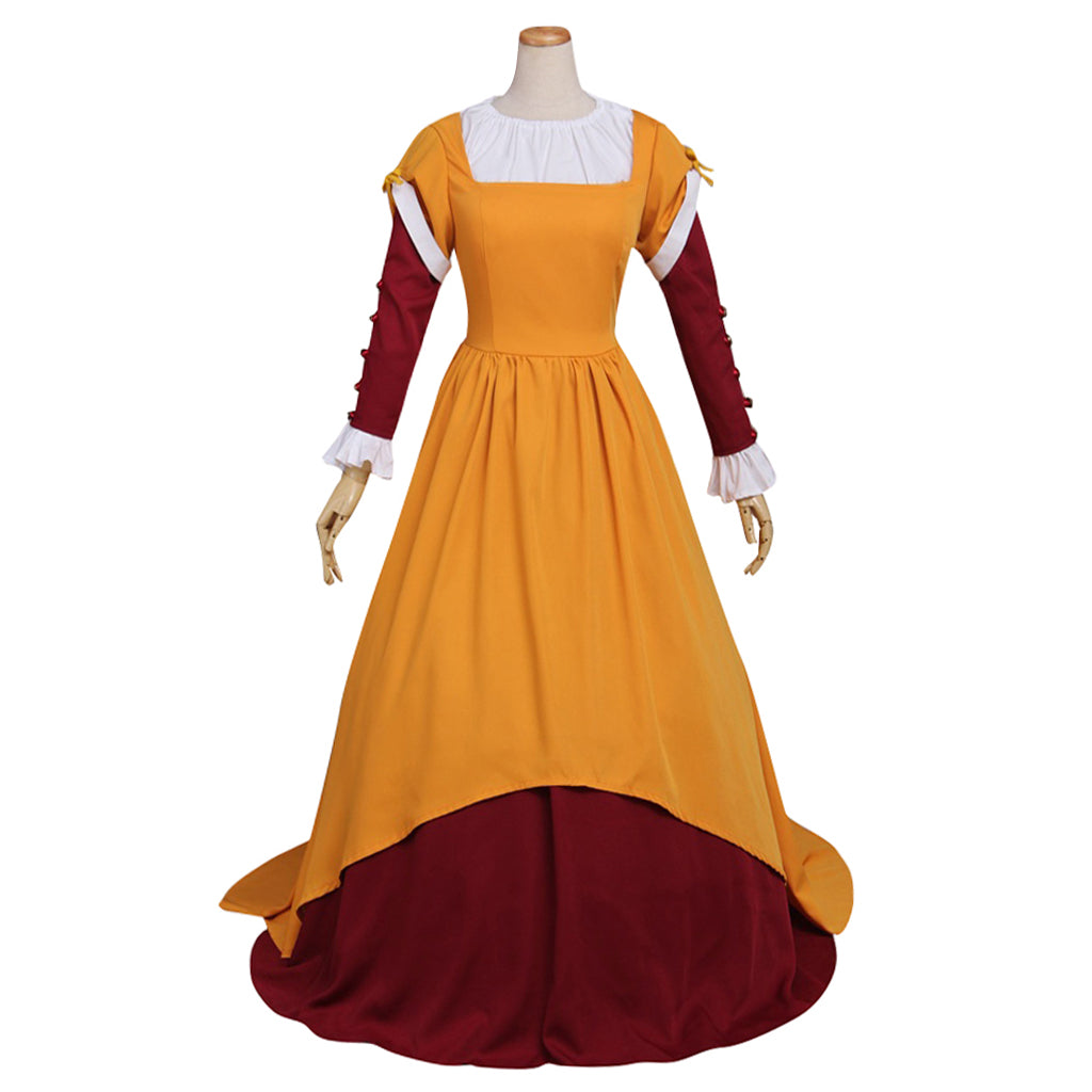 Medieval Women Renaissance Victorian Cosplay Costume Long Sleeve White Trimmed Contrast Trimmed Color Block Mustard Yellow Burgundy Gown Adult Ladies Halloween Christmas Dress