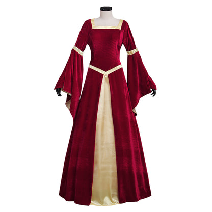 Medieval Women Renaissance Victorian Cosplay Costume Flared Long Sleeve Cream Trimmed Color Block Red Cream Gown Adult Ladies Halloween Christmas Dress