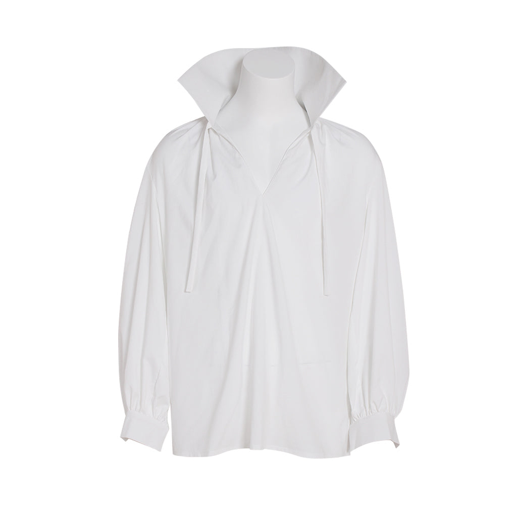 Medieval White High Collar Drawstring V-Neck Balloon Sleeve Blouse  for Historical Reenactments Cosplay Events Halloween Christmas or Parties