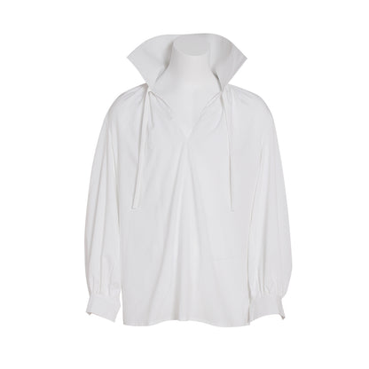 Medieval White High Collar Drawstring V-Neck Balloon Sleeve Blouse  for Historical Reenactments Cosplay Events Halloween Christmas or Parties