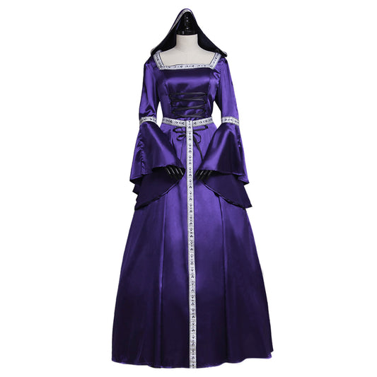 Medieval Vintage Regency Dress Square Neck Purple White Gown Medieval Cosplay Costume Long Sleeve With Trim Renaissance Gown Women Cosplay Costume Adult Ladies Halloween Christmas Dress