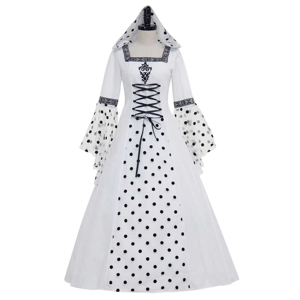 Medieval Women Victorian Renaissance Cosplay Costume Gothic Steampunk Hooded Square Neck Polka Dot Flared Sleeve Corset Style White Black Gown Adult Ladies Halloween Christmas Dress