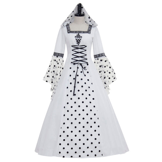 Medieval Women Victorian Renaissance Cosplay Costume Gothic Steampunk Hooded Square Neck Polka Dot Flared Sleeve Corset Style White Black Gown Adult Ladies Halloween Christmas Dress