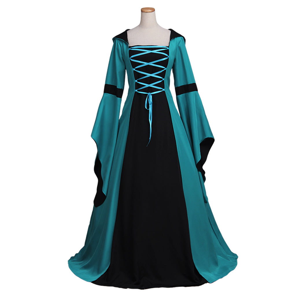 Medieval Women Renaissance Victorian Cosplay Costume Flared Long Sleeve Contrast Trimmed Color Block Teal Black Gown Adult Ladies Halloween Christmas Dress