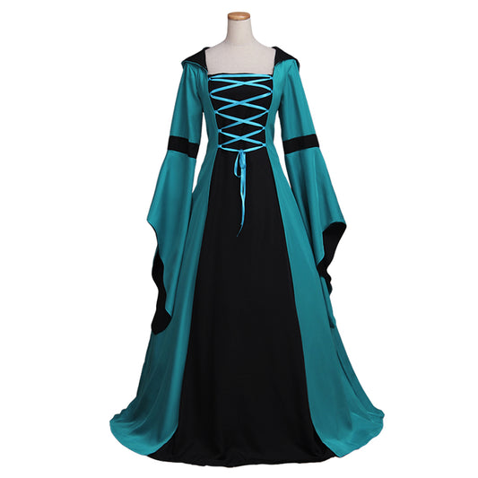 Medieval Women Renaissance Victorian Cosplay Costume Flared Long Sleeve Contrast Trimmed Color Block Teal Black Gown Adult Ladies Halloween Christmas Dress