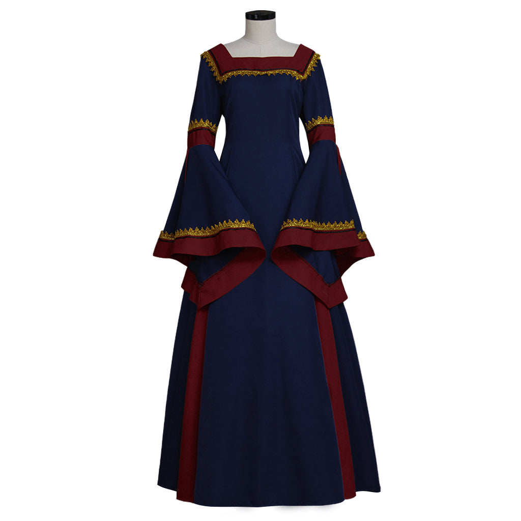 Medieval Vintage Regency Dress Square Neck Navy Blue Red Gown Medieval Cosplay Costume Long Sleeve With Trim Renaissance Gown Women Cosplay Costume Adult Ladies Halloween Christmas Dress