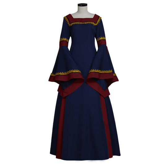 Medieval Vintage Regency Dress Square Neck Navy Blue Red Gown Medieval Cosplay Costume Long Sleeve With Trim Renaissance Gown Women Cosplay Costume Adult Ladies Halloween Christmas Dress