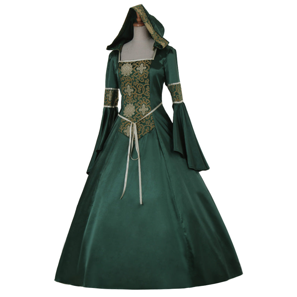 Medieval Women Renaissance Victorian Cosplay Costume Hooded Long Sleeve Lace Embroidered Tie Waist Green Gown Adult Ladies Halloween Christmas Dress