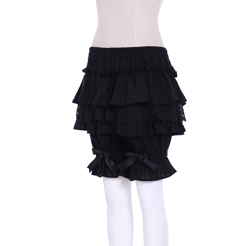 Medieval Gothic Black Lolita Ruffled Bloomers with Multi-Layered Lace Panels and Bow Accents