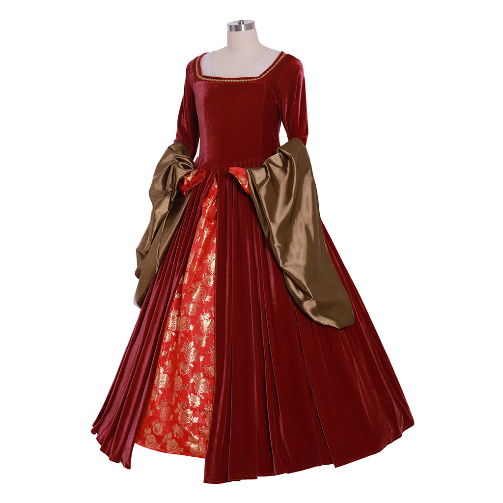 Queen Elizabeth Tudor Period Dress Renaissance Medieval Inspired Gown Prom Outfit Princess Shakespeare Blue - Gold Patterned Long Sleeve Women's Halloween Carnival Valentine's Day Party Evening Party Masquerade Adults' Dress All