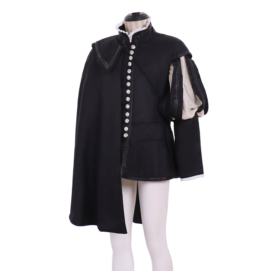 Men's Renaissance Black Coat with Asymmetric Cloak and Silver Buttons for Cosplay or Themed Events Halloween Christmas or Themed Parties