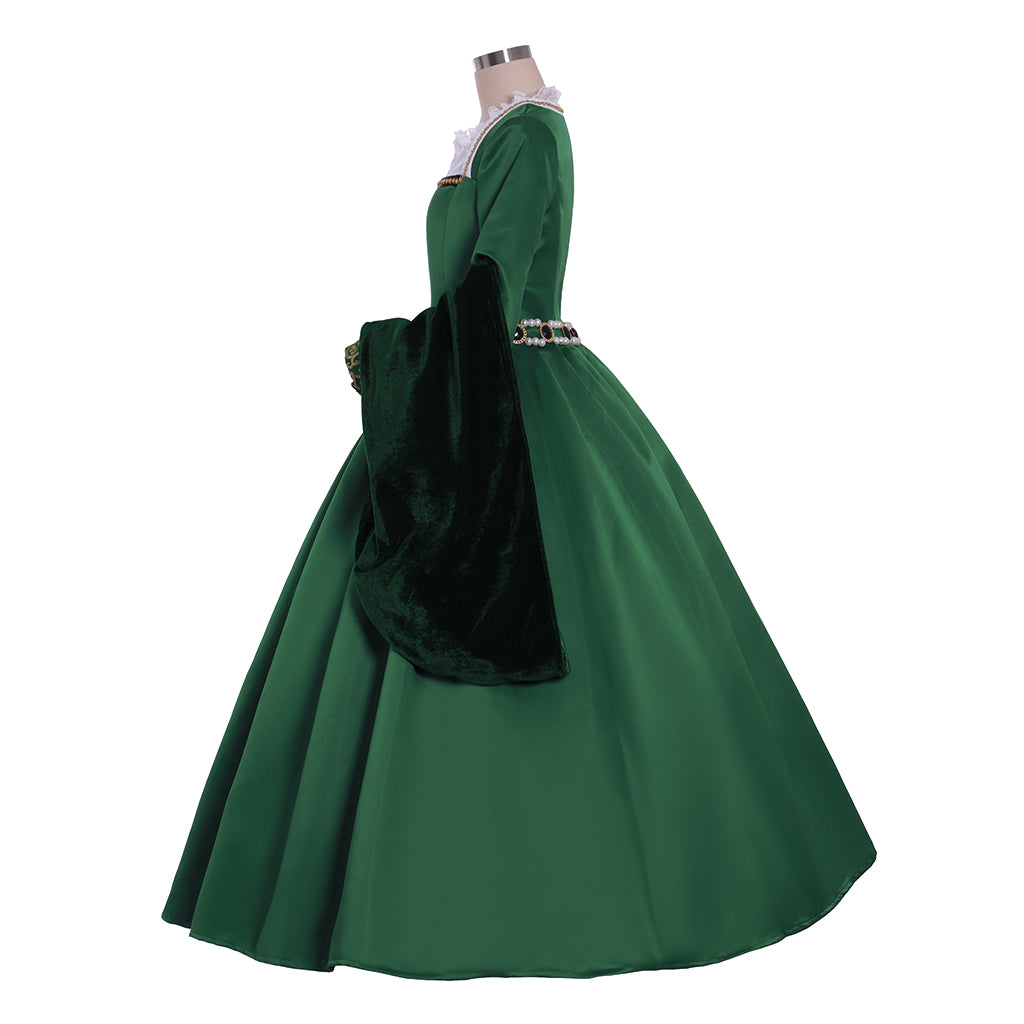IllusionCos Tudor Dynasty Medieval Court Dress Renaissance Inspired Gown Prom Outfit Green Gold-Embroidered Square Neckline Puff Sleeve Women's  Halloween Carnival Valentine's Day Party Evening Dress Masquerade Adults' Dress All