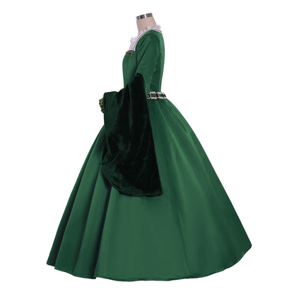 IllusionCos Tudor Dynasty Medieval Court Dress Renaissance Inspired Gown Prom Outfit Green Gold-Embroidered Square Neckline Puff Sleeve Women's  Halloween Carnival Valentine's Day Party Evening Dress Masquerade Adults' Dress All