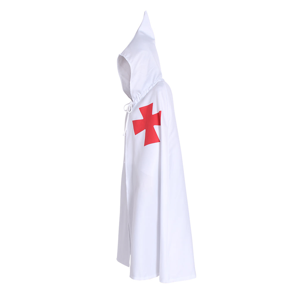 Medieval-Inspired Black Hooded Cloak with White Cross Emblem and Drawstring Closure